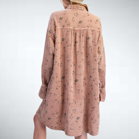 Easel Oversized Floral Print Cotton Gauze Washed Shirt Dress Mocha Mousse Size S - Picture 2 of 11